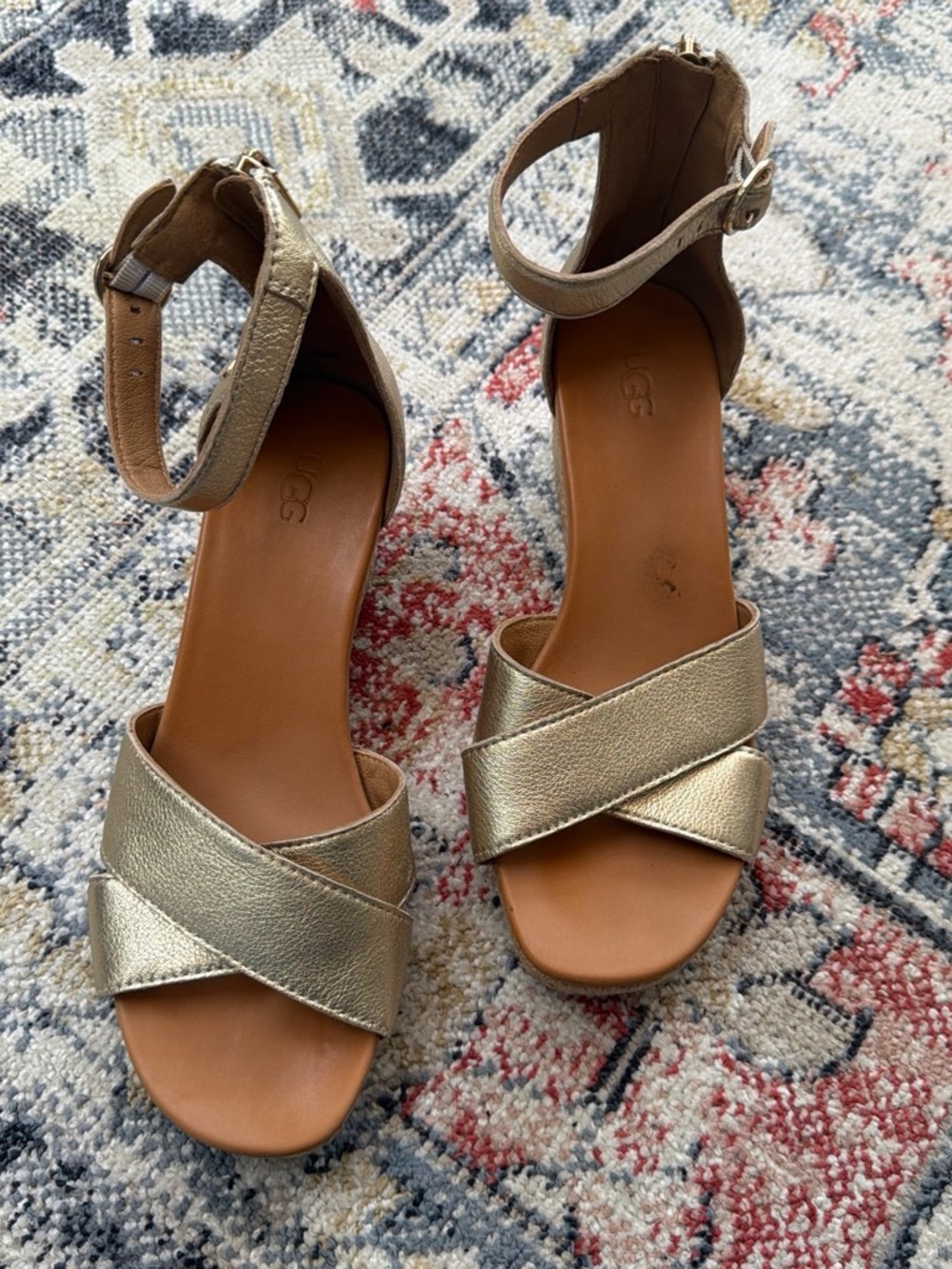UGG Gold Metallic Leather Espadrille Wedge Sandals Zip Back Size 7